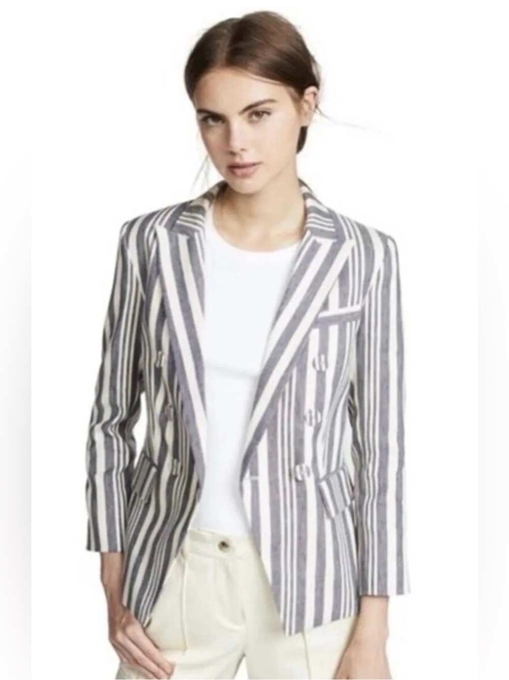 Veronica Beard Geneva Striped‎ Dickey Blazer Jacket Blue/Cream GUC sz 4 Linen